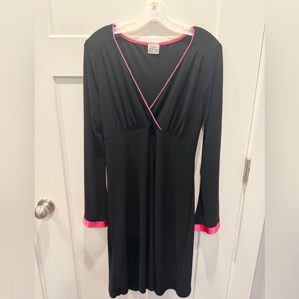 Black Empire Waist Dress Womens Large Pink Trim Long Sleeve V Neck Flowy